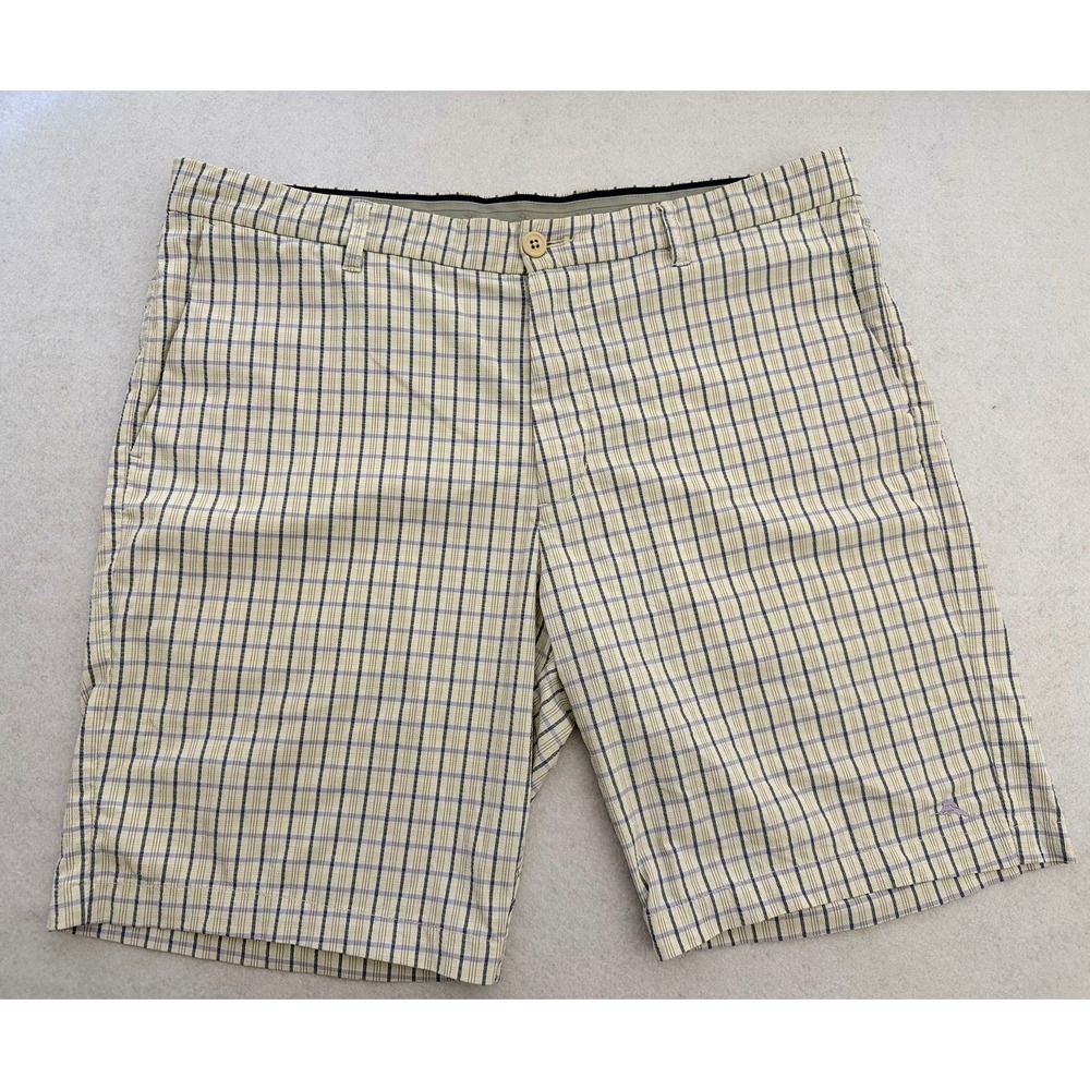 Tommy‎ Bahama Mens Plaid Golf Shorts Cream Navy Blue Yellow Stretch Marlin Logo